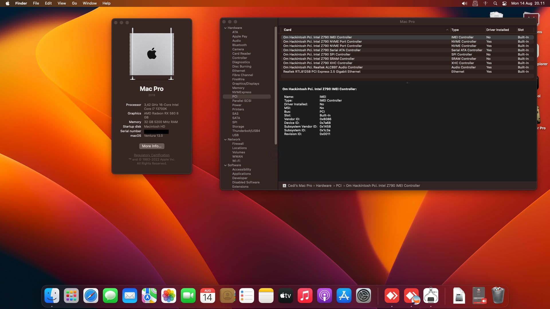 EFI GIGABYTE Z790 Hackintosh Intel i7 13700K Ventura 13.0 OC